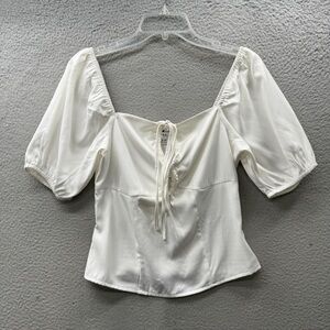 NWT GILLI Tie Neck Babydoll Peplum Short Sleeve Top Blouse White Cottagecore M